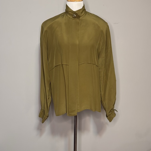 Vintage 80’s Anne Klein Army Green Silk Blouse Top sz 8 - Picture 3 of 9